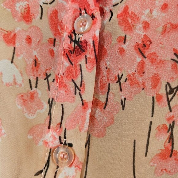 GeeGee Pink Floral Short Slv Blouse Sheer Lightweight Button Front Top Womens M - Picture 6 of 9